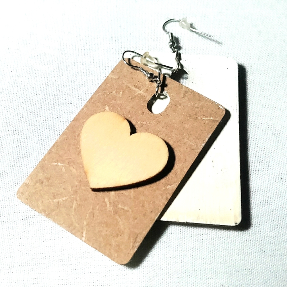 NEW Handcrafted Natural Tigris Wood Earrings! 2.5" Rectangles w/ Wooden Hearts